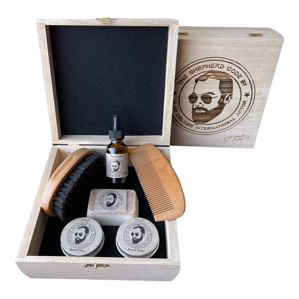 Shepherd Code Box Set | Contains Beard Oil, Balm, Wax, Soap Wood Comb & Beard Brush in a Wood Box | By Lusso Sapone