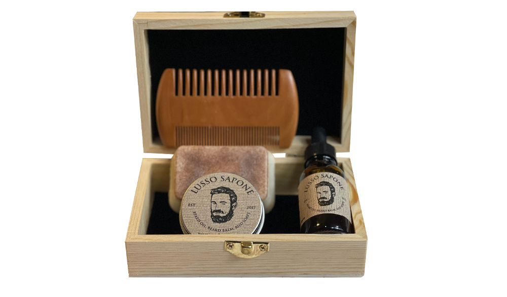 Personalized Gift, Beard Grooming Kit | Contains Beard Balm, Beard Oil, Natural Soap, Beard Comb | By Lusso Sapone