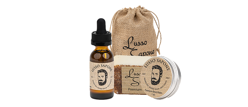 Beard Care Kit. Includes: Beard Oil, Beard Balm, soap, and Burlap Sack