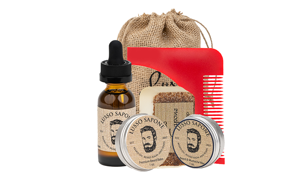 Beard Grooming Kit includes: Beard Oil, Beard Balm, Beard Wax, Soap, and Beard Shaping Comb