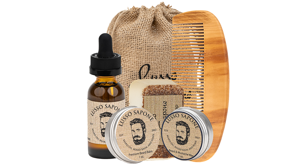 Beard Care Kit in Eco-Friendly Bag | Contains Beard Oil, Balm, Wax, Soap, & Wood Beard Comb