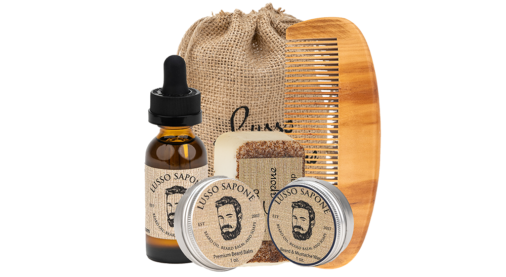 
                  
                    Beard Care Kit in Eco-Friendly Bag | Contains Beard Oil, Balm, Wax, Soap, & Wood Beard Comb
                  
                