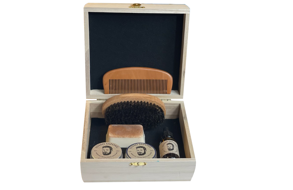 Beard Grooming Kit | Contains Beard Oil, Balm, Wax, Soap Wood Comb & Beard Brush in a Wood Box | By Lusso Sapone