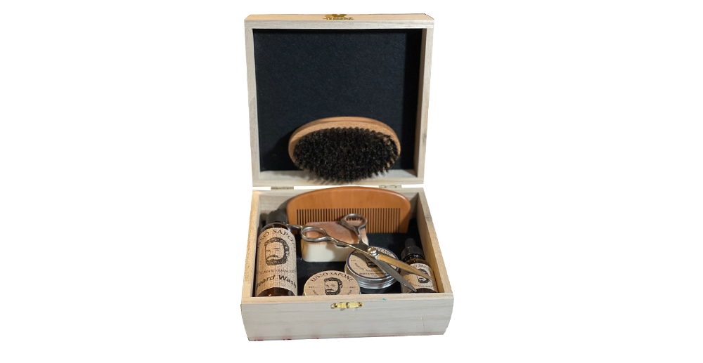 Beard Care kit: Beard Oil, Beard Balm, Beard Wax, Soap, Beard Wash, Wood Comb, Wood Brush & Scissors in a Wood Box
