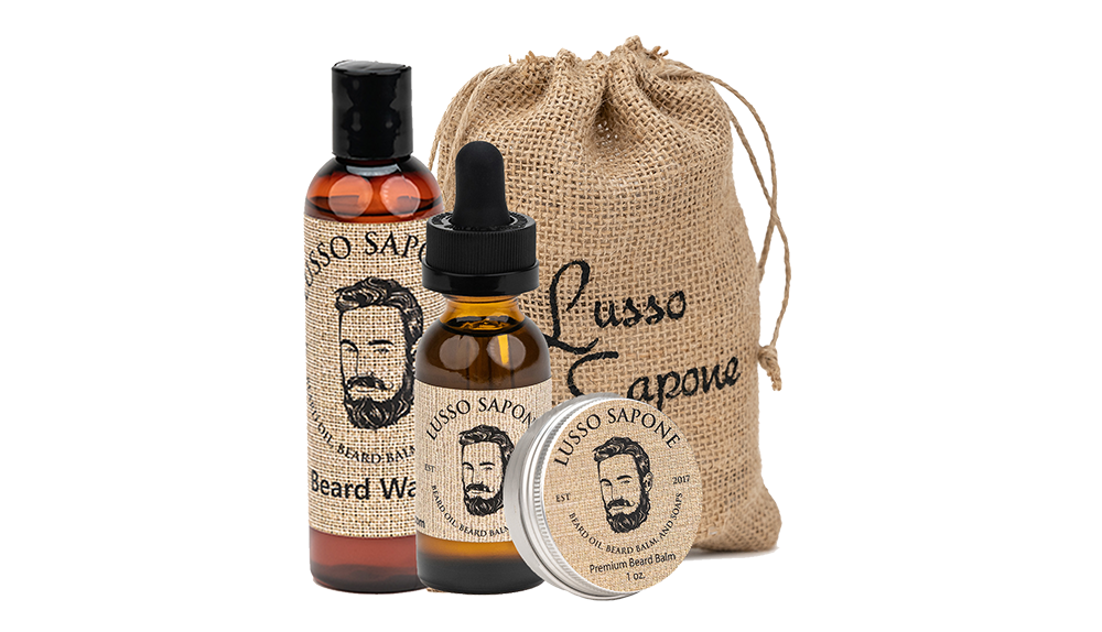 
                  
                    Beard Care Kit. Includes: Beard Oil, Beard Balm, Beard Wash in a Reusable Burlap Sack
                  
                