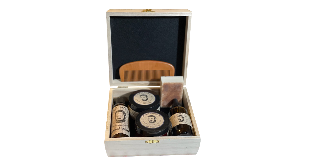 Large Beard Grooming Kit | Contains 4oz Beard Oil, 4oz Beard Balm, 4 oz Beard Wax, 4 oz Beard Wash & Wood Comb in a Wood Box