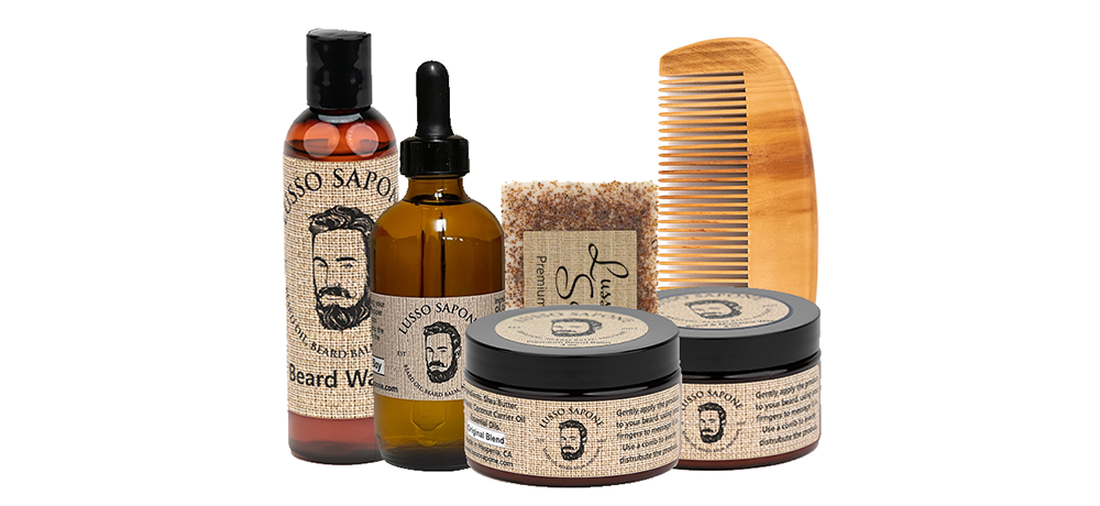 Beard Care Kit Includes: 4 oz Beard Oil, 4 oz Beard Balm, 4 oz Wax, 4 oz Beard Wash, Soap & Wood Beard Comb